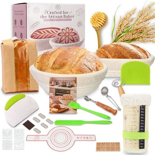 Tomshub Sourdough Starter Kit,9 Inch Round & 10 Inch Oval Banneton Bread Proofing Basket with Dough Whisk Bread Lame Dough Scraper Bowl Scraper Silicone Brush Sourdough Bread Baking Supplies - Image 1