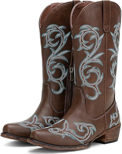 Jeossy Whisky Cowboy Boots for Women Wide Calf with Low Chunky Heel, Cowgirl Mid Calf Western Embroidered Boot Side Zipper, Round Toe Botas para Mujer, 9808 - Size 9.5 US (DJY9808 Whisky 09.5) - Image 1