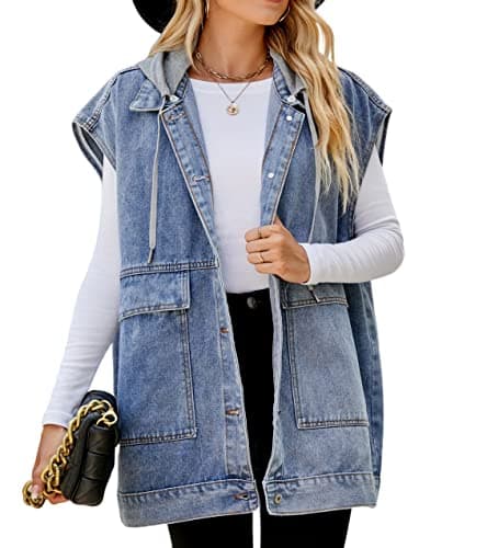 PAODIKUAI Women's Vest Mid Long Jean Vest Sleeveless Jackets Distressed Vest Cotton (A-blue with hood, Small) - Image 1