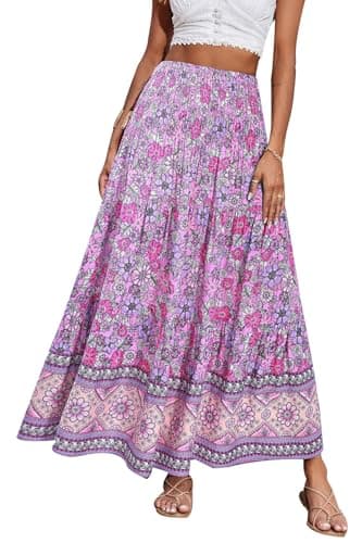 CFLONGE Summer Maxi Skirts for Women 2026 Fashion Boho Long Skirt Trendy Floral High Waist A Line Beach Skirt Vacation Outfit(Purple White Flower,Small) - Image 1