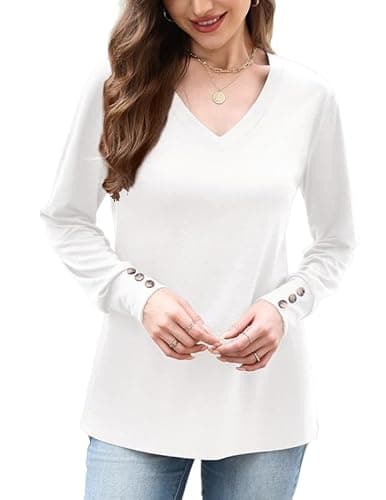 Misakia Women's Tops Dressy Casual 2025 Trendy V Neck Fall Winter Fashion Long Sleeve Buttons Flowy Tunic Tops Soft Blouses Shirts Business Casual Outfits Ladies Tops C-white - Image 1