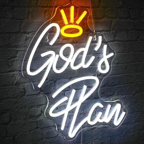 WLHOPE God's Plan Neon Sign White Led Neon Signs for Wall Decor, God Neon Signs USB Powered Letter Neon Light Signs for Bedroom Living Room Home Bar Wedding Party Decoration - Image 1