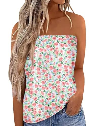 IWOLLENCE Women's Floral Tube Tops Casual Summer Backless Strapless Top Sleeveless Bandeau Tanks Shirt Flowy Beach Coverups White Pink Rose, 2XL - Image 1
