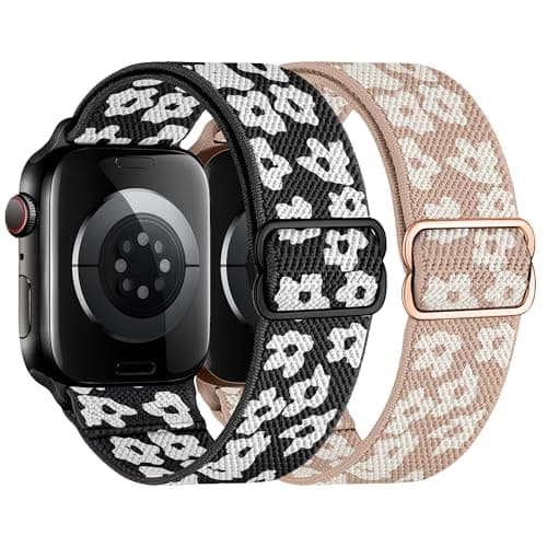 XSMDAJDTXZ 2 Pack Stretchy Solo Loop Compatible with Apple Watch Band 40mm 41mm 44mm 45mm 46mm 49mm 38mm 42mm Women Men, Sport Nylon Elastic Straps Braided Wristbands for iphone Watch Series 11 10 9 8 7 6 5 4 3 Ultra SE (black yun/rose yun, 38mm/40mm/41mm/42mm(Series 10)) - Image 1
