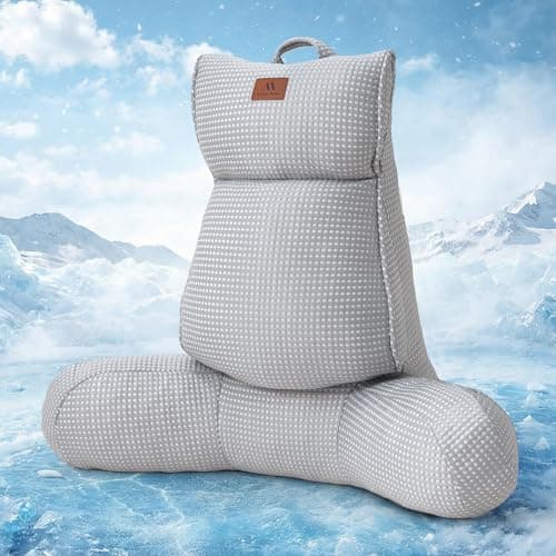 Amélie Home Premium Cooling Waffle Reading Pillow, Qmax>0.37 Ergonomic Back Support with Pocket & Handle, Breathable Lounging Pillow for Bed Sofa Floor Summer, Washable Cover, 29 Inches, Grey - Image 1