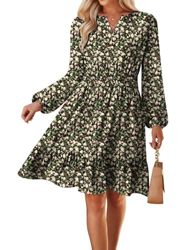 Spring Dresses for Women 2026,Casual Long Sleeve Floral Mini Dress,Black Yellow Wedding Guest Dress M - Image 1