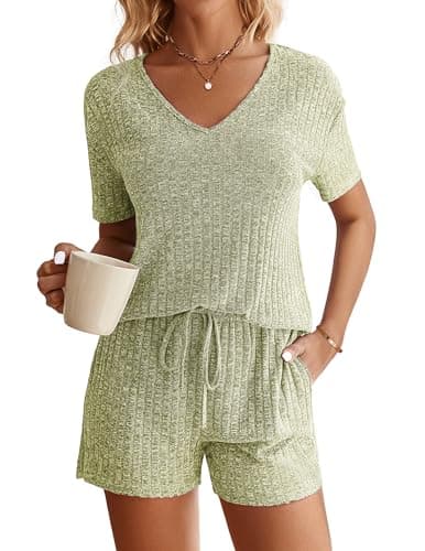 Ekouaer Womens Ribbed Knit Lounge Set Short Sleeve Top and Shorts Sleepwear Pajama Set Two Piece Shorts Outfits Set