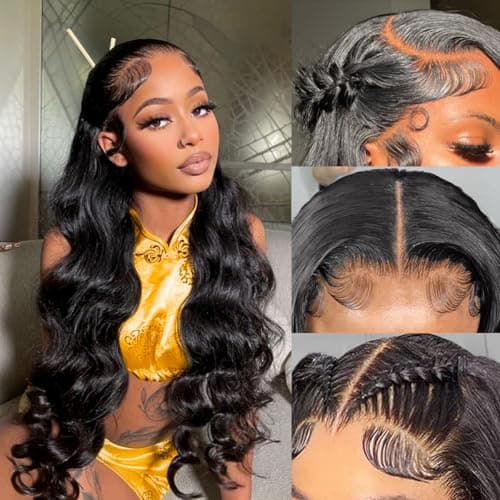 SUMT 32 Inch 13x6 Body Wave Lace Front Wigs Human Hair 200% Density HD Transparent Lace Front Wig Pre Plucked with Baby Hair Virgin Human Hair Frontal Wig for Women Natural Black - Image 1