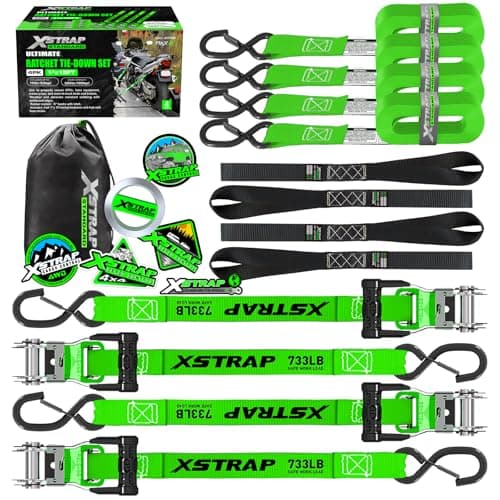 XSTRAP STANDARD 4PK Motorcycle Tie Down Straps - 1" x 15ft, 2,200lb Break Strength, Soft Loop Straps with Safety Lock S Hooks, Black Loops & Stickers, for Moving, Trucks, Cargo, Lawn Equipment, Green - Image 1