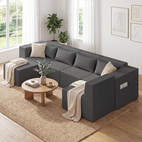 Minimalist Modular Corduroy Cloud Couch Sectional – Oversized Boneless Memory Foam Sofa for Living Room, Modern Comfy Couch, No Assembly Needed (U Shaped Sofa, Grey) - Image 1