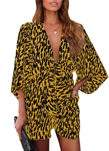 PRETTYGARDEN Womens Summer Knot Front V Neck Ruffles Short Sleeve Floral Print Swing Sexy One Piece Jumpsuits Shorts (Yellow, XX-Large) - Image 1