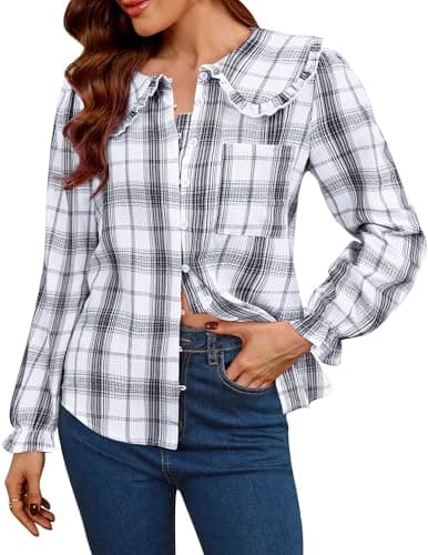 LOOKBOHO Women Spring Peter Pan Collar Shirts Long Sleeve Button Down Blouse, Puff Sleeve Lightweight Cotton Tops for Fall Summer, Elegant Work & Casual Wear Black Plaid X-Large - Image 1