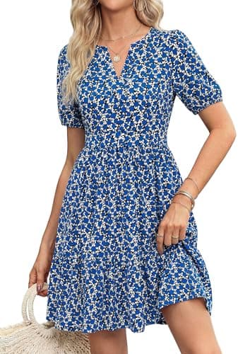 PRETTYGARDEN Womens Summer Floral Boho Dresses 2026 Casual V Neck Puff Sleeve A Line Flowy Beach Vacation Short Dress (Floral Blue,M) - Image 1