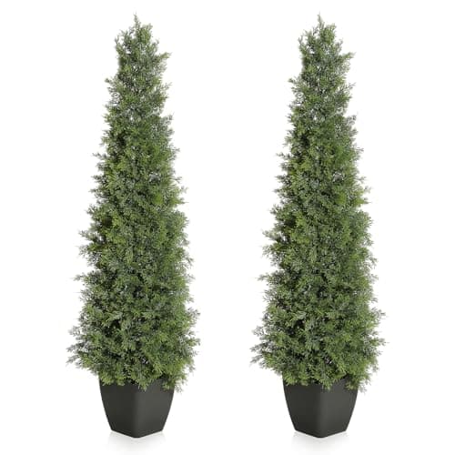 GarveeHome Artificial Cedar Topiary Tree for Christmas Outdoor, 48 in Tall Faux Cedar Trees, Potted Fake Cypress Plant, Artificial Plants Indoor Outdoor for Front Porch Decor, Set of 2 - Image 1