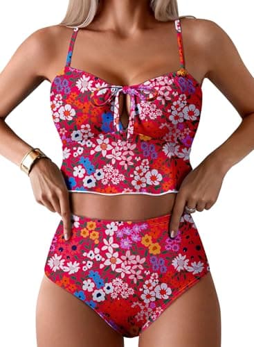 Women's High Waisted Bikini Sets Cutout Keyhole Neck Two Piece Swimsuits High Cut Bathing Suits 2026 Red XL - Image 1
