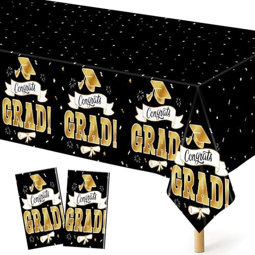 2Pack Graduation Decorations 2026, 108" X 54" Graduation Tablecloth, Blackgold Rectangle Class of 2026 Table Cloths, Disposable Plastic Congrats Grad Tablecover for Grad Party Favors Supplies - Image 1