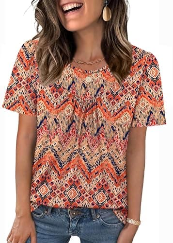 WIHOLL Beach Vacation Clothes for Women Cute Summer Tops Short Sleeve Hawaiian Shirts Trendy Fashion Pleated Front Amazon Essentials Womens Clothing Bohemia XL - Image 1