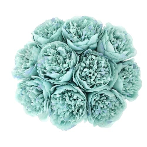 U'Artlines 10 Heads Artificial Peony Silk Flower Leaf Home Office Wedding Party Festival Bar Decor (Teal) - Image 1