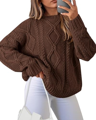 BTFBM Casual Women Long Sleeve Sweater 2025 Fall Ribbed Knit Pullover Loose Crewneck Cable Sweater Jumper Tops(Coffee,X-Large) - Image 1