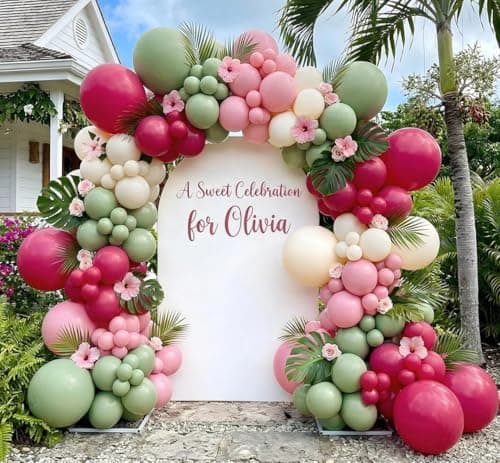 Hot Pink and Sage Green Balloon Garland Arch Kit, Double Stuffed Dusty Green Magenta & Ivory Balloon Decorations for Baby Shower, Garden Bridal Wedding, Tropical Birthday, Boho Tea Party - Image 1
