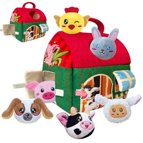 Elfew Farm Animal Baby Toys 6-12 Months, with 6 Small Plush Stuffed Farm Animals(Squeeze & Shake), Soft Toy for Toddlers, Montessori Toys for Babies 6-12 Months, Baby Easter Basket Stuffers