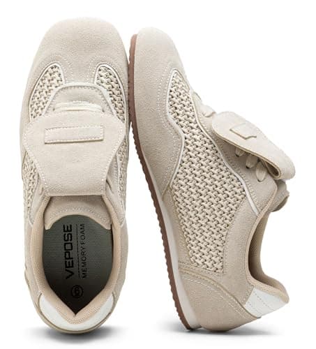 Vepose Women's Retro Square Toe GAT Sneakers Suede Trainers with Removable Flap, Arch Support Walking Shoes for Office Travel, Beige, Size 8.5M US (CJY8203 Beige 08.5) - Image 1