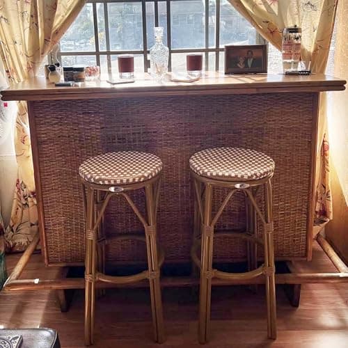 PURPLE LEAF Outdoor Round Bar Height Stool Set of 2 Patio Backless Barstools Aluminum Frame in Bamboo Finish with Amber & White Woven Rattan for Indoor Kitchen Dining Bistros Cafe Restaurant - Image 1