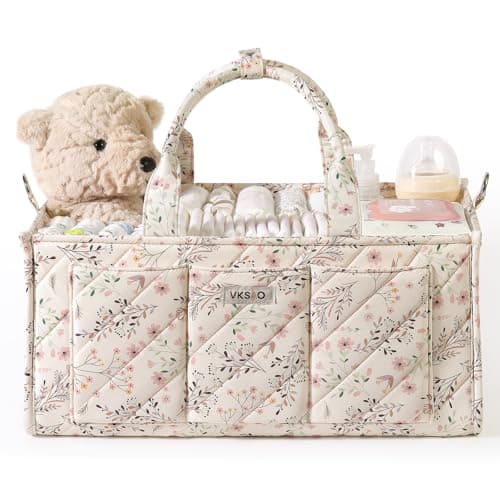 VKSAO Extra Large Diaper Caddy Organizer – Big Baby Essentials Nursery Storage Basket with Zipper Pocket & Shoulder Strap, Splashproof Travel Tote for Twins, Gifts for Baby Shower, Beige Floral - Image 1