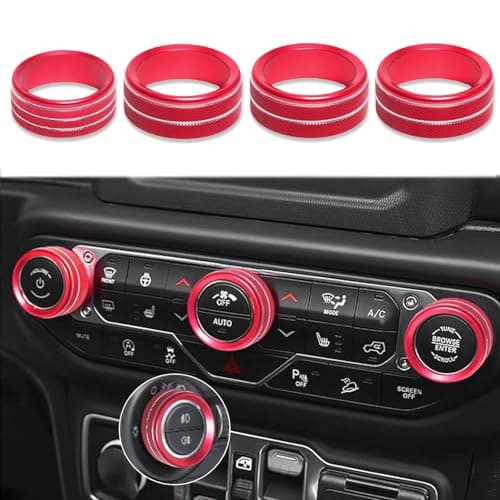 4PCS Aluminum Alloy Button Knob Cover for Jeep Wrangler JL JLU 2018-2025 & Gladiator JT 4XE Compatible Interio Accessories Cover, Volume Radio Air Conditioner Headlight Switch Knob Cover (Red) - Image 1