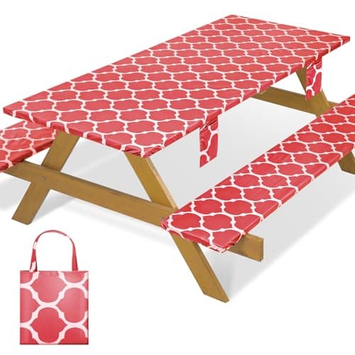 memKiya Fitted Waterproof Picnic Table Cover with Bench Covers Elastic Heat Resistant Outdoor Camping Tablecloth for 6 Foot Dinning Rectangle Tables Summer Rv Patio Garden Road Trip Essential Gift - Image 1