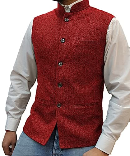 Tuikayoo Mens Herringbone Wool Vests Suit Business Tweed High Collar Waistcoats Slim Fit(Medium, Red) - Image 1
