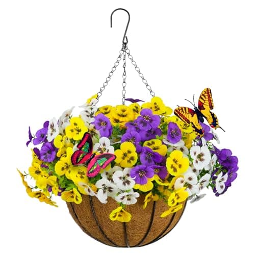 SupBri Artificial Pansies Hanging Flowers with Basket & 2 Fake Butterflies, Silk Flowers for Outdoor Spring Summer Decor, UV Resistant Hanging Plants for Garden Porch Patio (1 Set - Image 1
