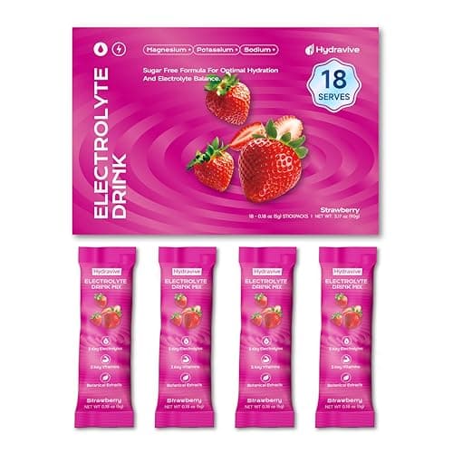 Hydravive Hydration Electrolyte Powder 18 Packs – Sugar Free Liquid Daily IV Drink Mix | 1,000mg Total of 5 Electrolytes, 5 Vitamins | Ashwagandha, L-Theanine | Non-GMO (Berry) (18, Strawberry)