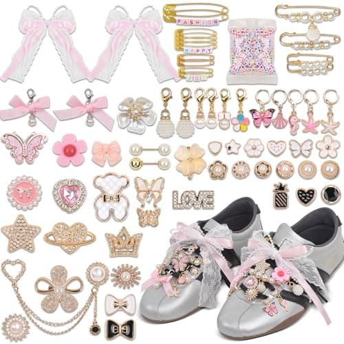yuboo 258 Pcs Pink Shoe Charms for Sneakers-Pink Bow Pearl Lace Letter Bear Butterfly Jewelry Pins Junk Socks Charm Set, Stylish DIY Shoe Decorative Sneaker Charms for Laces, Shoes, Bags, Socks, Hat - Image 1