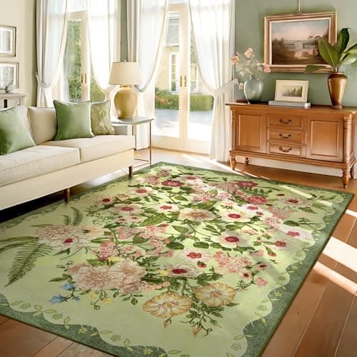 AREAMAY Floral Area Rug Living Room - 8x10 Washable Rugs Low Pile Non-Slip Soft Bedroom Rugs Under Bed Stain Resistant Accent Indoor Vintage Carpet for Dining Room Nursery Home Office Decor, Green - Image 1