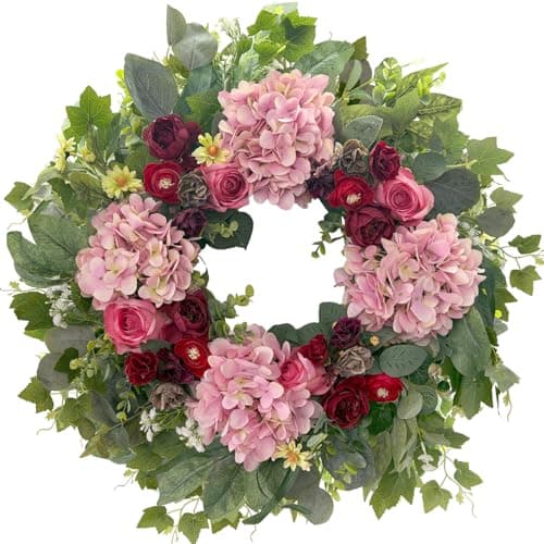HipTree 24 Inch Valentines Day Spring Wreath Decorations for Front Door,Handmade Pink Red Silk Hydrangeas & Roses Floral Wreath for Mothers Day,Indoor Outdoor and Wall Decor - Image 1