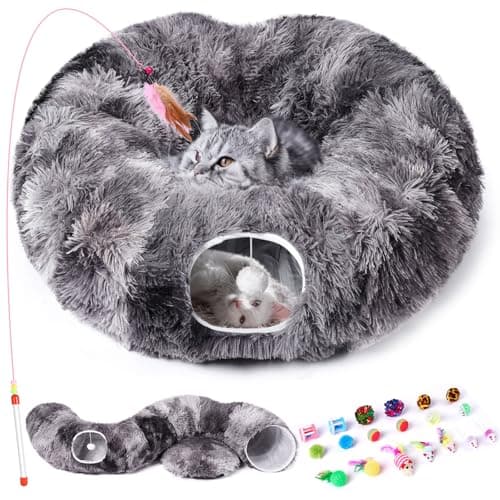 Odoland Cat Tunnel Bed with 20 Cat Toys - Indoor Plush Kitten Couch,Detachable Cats Cave Donut Tunnel & Soft Kitten Toy Set-Cozy Cat Furniture Black - Image 1
