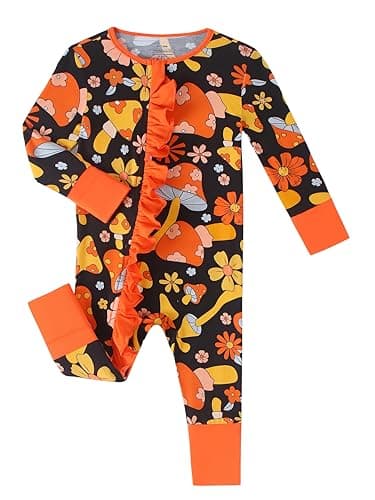 Joonberry Unisex Baby Bamboo Viscose Long Sleeve Romper, Cute Prints Zipper Footless Jumpsuit, Toddler One-Piece Outfits (Mushroom, 3-6M) - Image 1