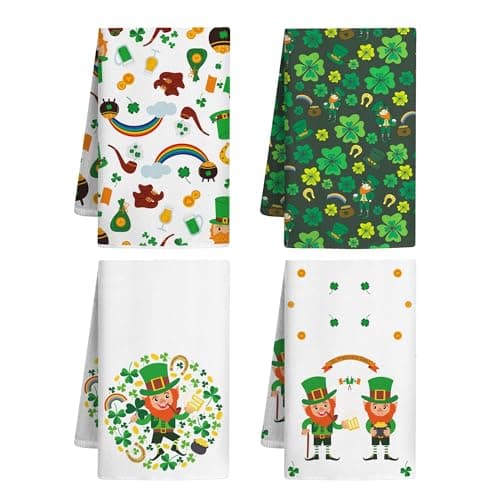 Vetoxka 4 Pcs St Patrick Day Kitchen Towels Set St. Patrick's Decor Irish Leprechaun Shamrock Lucky Clover Spring Microfiber Dish Tea Towels Drying Hands Cloths for Bathroom Holiday Decoration Gift - Image 1