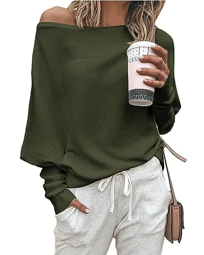 Zenlonr Women's Fall Winter Sweaters 2026 Casual Long Batwing Sleeve Loose Off Shoulder Knit Pullovers Jumper Tops(Army Green,Small) - Image 1