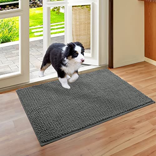 HOMEIDEAS Absorbent Chenille Door Mat Indoor for Entryway, Low-Profile Rubber Backing, Muddy Dog Paws Washable Welcome Front Doormats (20"x32", Grey) - Image 1