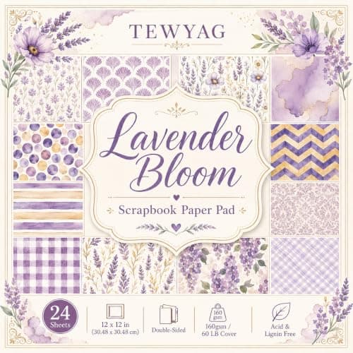 12x12 Scrapbook Paper & Scrapbooking Supplies, Lavender Double-Sided Patterned Cardstock Pad, Decorative Craft Sheets for Junk Journal & Photo Album, 24 Sheets