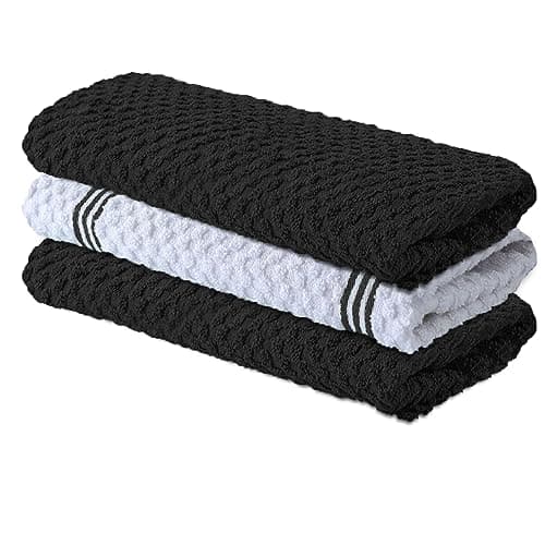 Infinitee Xclusives Premium Kitchen Towels – Pack of 3, 100% Cotton |15 x 25| Inches Absorbent Dish Towels - Terry Kitchen Dishcloth Towels - Black Dish Cloth for Household Cleaning