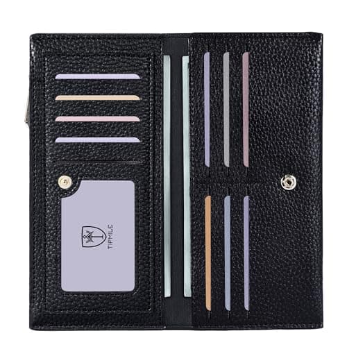Tipmile Slim Wallet for Women, RFID Blocking Credit Card Holder, Ladies Bifold Wallet with Zipper, Black - Image 1