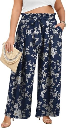 Lastshe Plus Size Pants for Women Wide Leg High Waisted Pants Casual Stretchy Summer Travel Boho Palazzo Printed Trousers, White Flower, 1X - Image 1