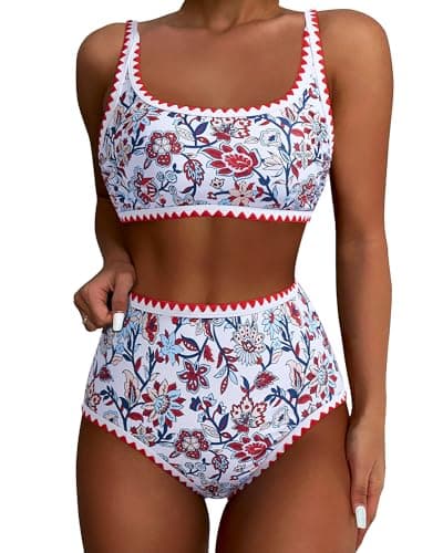 SUUKSESS Women High Waisted Bikini Sets Floral Print Color Block Two Piece Swimsuit Push Up Bathing Suit (Red Floral, M) - Image 1