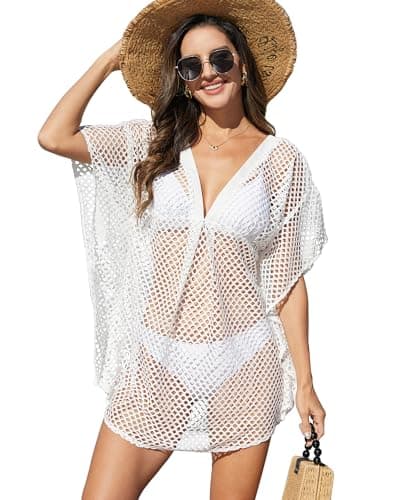Bsubseach Swimsuit Coverup for Women 2026 Crochet Beach Cover Ups Batwing Sleeve Mesh Kaftan Dress Summer Vacation Outfits White S - Image 1