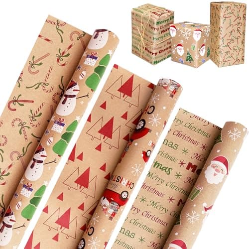 Homelyhi Christmas Wrapping Paper Rolls, 3 Rolls Recyclable Kraft Holiday Xmas Gift Wrap Reversible Prints with 6 Patterns, Santa, Rustic Red Trucks, Tree, Snowflake, Candy Cane, 17 Inch x 9.8 Feet