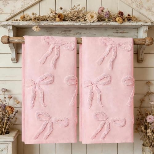 yuboo Pink Bow Hand Towels Set of 2, Cute Coquette Bathroom Decor for Teen Girls, Soft 3D Tufted Absorbent Decorative Towels, Preppy Gift Towel for Women & College Dorm (Pink, 14"x29") - Image 1