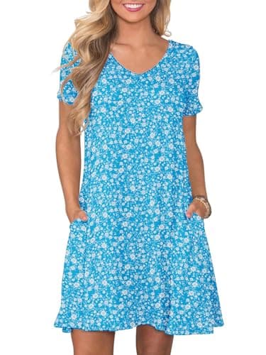 Moodclo Women Casual Summer Dresses White Floral Print X-Large Short Sleeve Loose Tshirt Beach Sundress V Neck Swing Dress with Pockets 2026 Trendy - Image 1